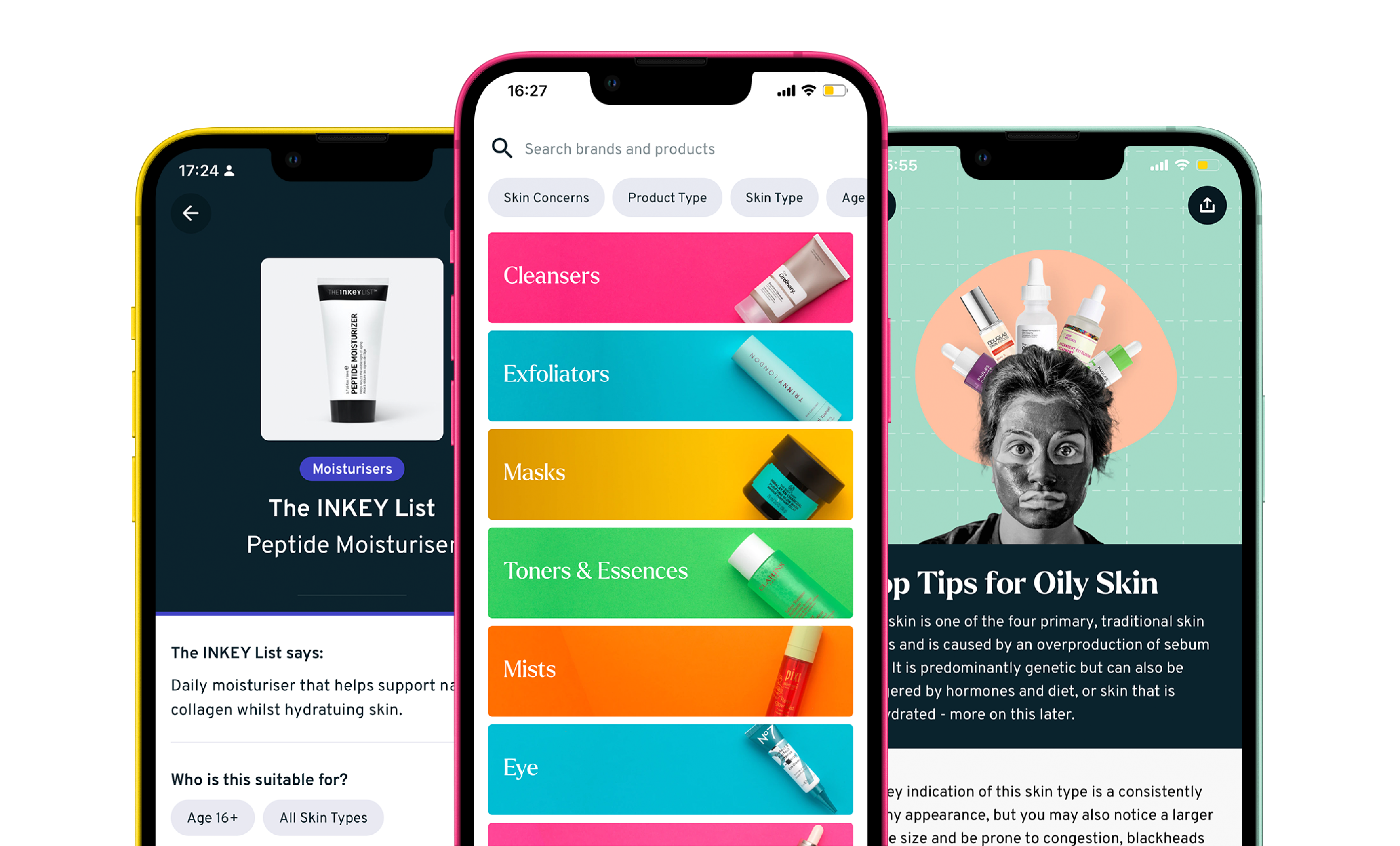 Image of 3 phone screens with different pages of the Skin Rocks App open on them in the following order: the product page for The Inkey List Peptide Moisturiser, The Products homepage, Top Tips for Oily Skin article.